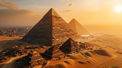 Egyptian pyramids at sunset, view from a drone Generative AI