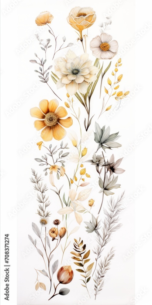 Poster An elegant display of seasonal blooms artistically composed on a white background, providing a blank canvas for customizable texts or branding elements Generative AI