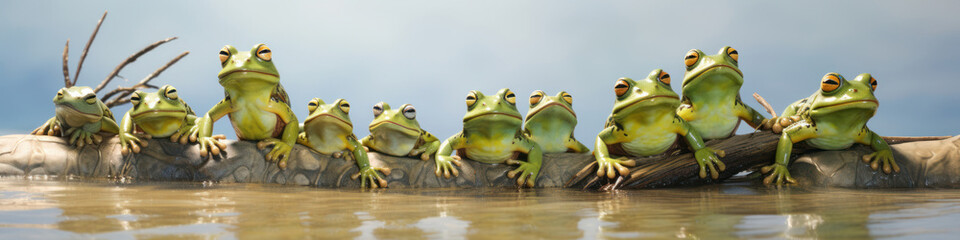 Frogs hopping in unison,  their amphibious ballet bringing a touch of whimsy to the pond - obrazy, fototapety, plakaty