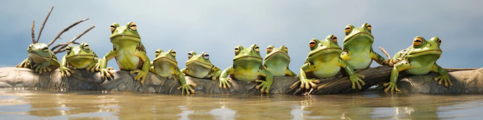 Muurstickers Frogs hopping in unison,  their amphibious ballet bringing a touch of whimsy to the pond © basketman23