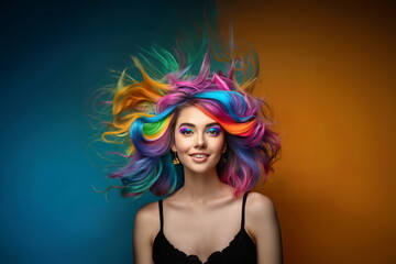 Pretty girl with colorful hair. Young woman with bright makeup and rainbow dyed hairstyle