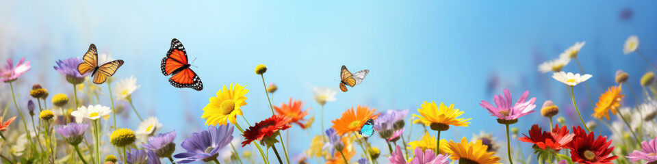 Butterflies fluttering in a row,  a delicate and colorful procession through a field of flowers
