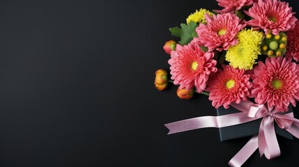 Teacher's Day Celebration: Top View Chrysanthemum Bouquet and Gift Box on Isolated Chalkboard Background. Commemorate Your Teacher with Floral Appreciation and Copy Space for Ads or Text.