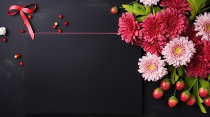 Teacher's Day Celebration: Top View Chrysanthemum Bouquet and Gift Box on Isolated Chalkboard Background. Commemorate Your Teacher with Floral Appreciation and Copy Space for Ads or Text.