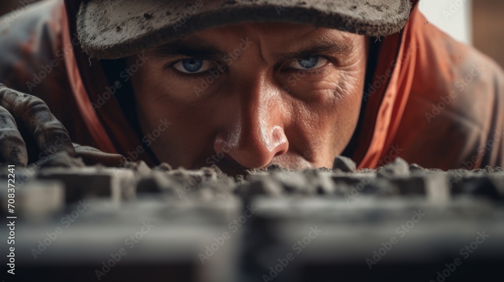 Poster Close-up of a builder laying bricks, precise workmanship, construction site backdrop with tools visible Generative AI