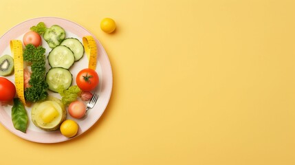 Vibrant Detox Concept: Top View of Fresh Fruits, Vegetables, and Dumbbells on a Plate, Isolated on Pastel Yellow Background. Wellness Still Life with Copyspace for Healthy Lifestyle Promotion and Fitn - obrazy, fototapety, plakaty