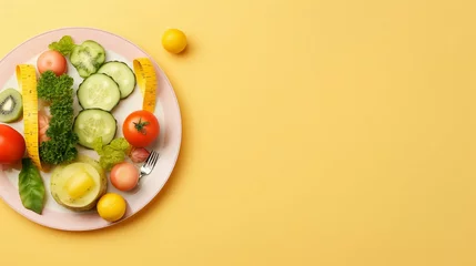 Fotobehang Vibrant Detox Concept: Top View of Fresh Fruits, Vegetables, and Dumbbells on a Plate, Isolated on Pastel Yellow Background. Wellness Still Life with Copyspace for Healthy Lifestyle Promotion and Fitn © Spear