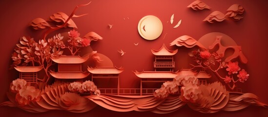 Chinese Mid Autumn Festival stage with gold paper cut art and craft style on color background, featuring asian elements.