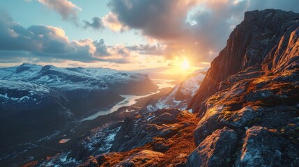 Coastal enchantment, drone's perspective, sun on horizon, breathtaking vistas, immersive and detailed sunset over Norwegian fjords Generative AI - obrazy, fototapety, plakaty