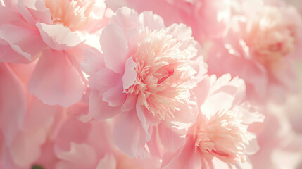 Delicate pink blooming peonies, holiday background, pastel and soft floral card, selective focus