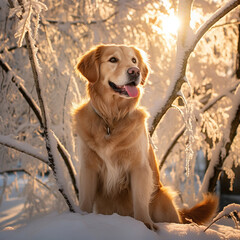 Golden Retriever dog in the frozen branches of a tree in a snowy forest at sunset. tree branches in the snow bend to the ground. the sun breaks through the branches