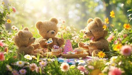 A group of teddy bears celebrating a birthday picnic in a sunlit garden, surrounded by blooming flowers and party favors, - obrazy, fototapety, plakaty