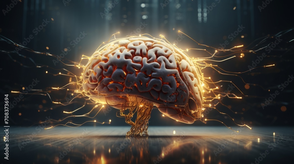 Poster digital representation of a sophisticated artificial intelligence brain, pulsating with intricate ne