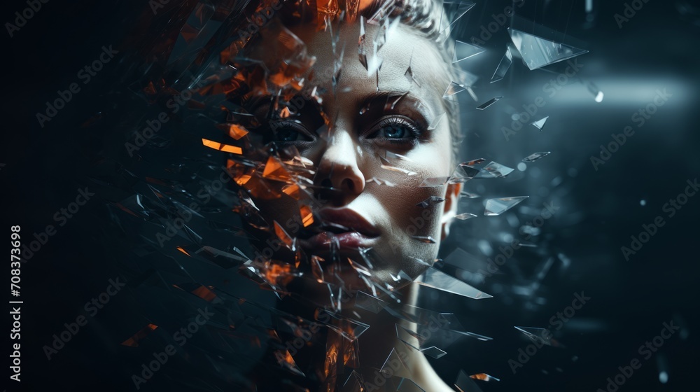 Poster Digitally altered photographs creating an abstract collage-style background. woman's face Generative AI