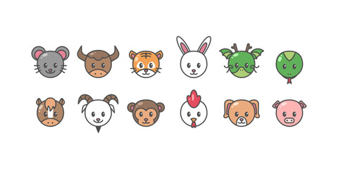 Set of Cute Animals Head Filled Color Icon. Chinese Zodiac Vector Illustration.