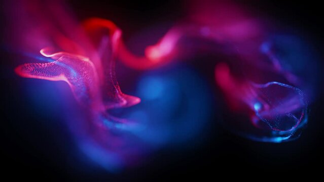 Macro slow motion shot of Particle Fluid isolated on black. paint drops mixing in water. Ink swirling underwater. Colored cloud abstract smoke explosion animation. 3D render