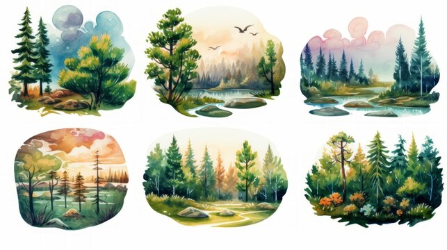 Digital sticker art set portraying a lush forest landscape in atmospheric watercolor tones, highlighting ecological diversity and adorned with cottagepunk-inspired motifs. Generative AI