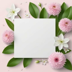 Mockup of a square greeting card for a birthday, Mother's Day or International Women's Day decorated with flowers. View from above.

