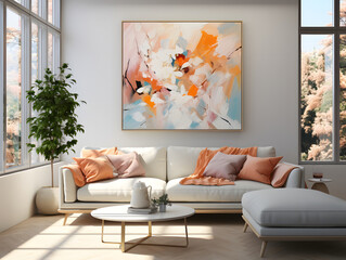 Modern living room interior with abstract painting on the wall. Bright natural light setting. Interior design concept. Design for real estate brochure, home decor poster, furniture catalog