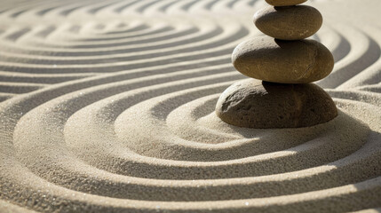 Calm and Peaceful Zen Garden, sand and stones. Japanese dry garden. Closeup meditative sand patterns and balanced stones