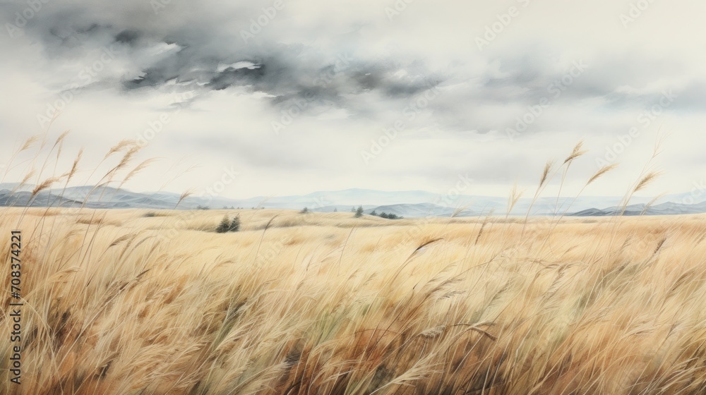 Poster endless prairies with gently swaying grass. aquarelle generative ai