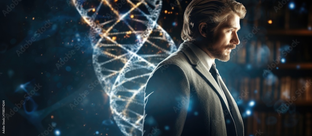 Poster scientist with dna double helix in lab