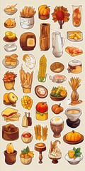 Feminine sticker art collection showcasing Thanksgiving dinner essentials like cornbread, gravy, and roasted vegetables in a grocery art style with white and bronze accents Generative AI