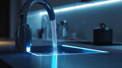 Futuristic smart kitchen faucet, LED-lit water display, atmospheric background, sleek and modern depiction Generative AI