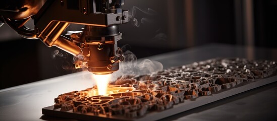 In industrial revolution 4.0, modern additive technologies involve using a 3D printer to print metal by pouring metal powder into a laser sintering machine. - obrazy, fototapety, plakaty