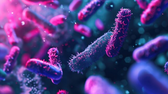 Microbiome intestine factories microbiota. Gut health. Many microbes under microscope close up. Realistic molecular cells bacterium colony. Macro medicine microbe. Bacterial immune. Dirty hand E. coli