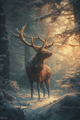 a stag in the woods in the winter