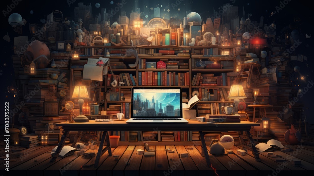 Aufkleber Image featuring a true-to-life library desk setting with organized books and an open laptop, representative of education technology and e-learning Generative AI