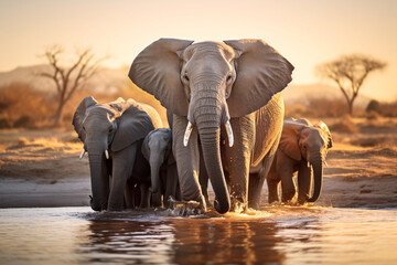 Elephant family at waterhole in African savanna. Wildlife conservation and natural habitat concept. Elephant herd for educational content, nature tours
