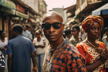 Man with sunglasses in African street market. Urban lifestyle and cultural identity. Candid portrait for Black History Month and community narratives