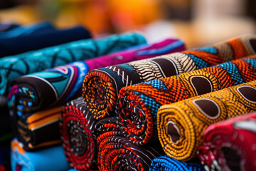 African fabric rolls in market. Cultural fashion and textile design concept. Colorful patterns for clothing, decoration, and Black History Month themes - obrazy, fototapety, plakaty