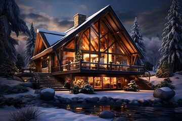 modern country house in the snowy valley