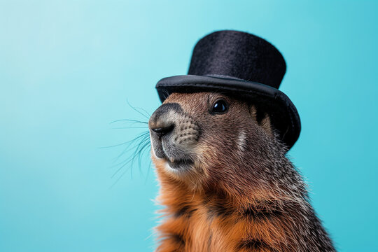 Groundhog Day Celebration. Cheerful Groundhog Wearing Cylinder Hat Isolated on the Pastel Background. Copy Space. 