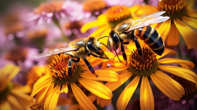 Macro photograph of bees collecting nectar from colorful flowers in a garden. Generative AI