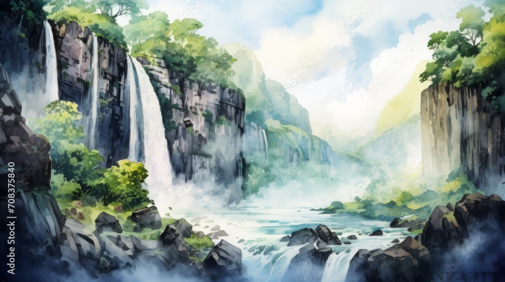Poster majestic waterfalls cascading down cliffs. aquarelle generative ai
