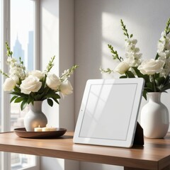 Mockup of a tablet screen on a table with roses in a vase.