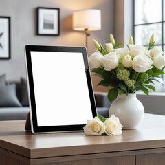 Obraz premium Mockup of a tablet screen on a table with roses in a vase. 