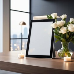 Mockup of a tablet screen on a table with roses in a vase.

