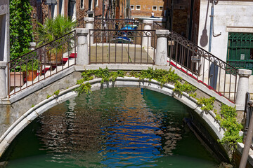 Fototapeta na wymiar Scenic view of bridge with canal at Italian City of Venice on a sunny summer day. Photo taken August 7th, 2023, Venice, Italy.