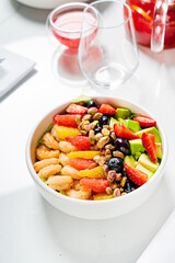 healthy bowl with fruits and shrimps