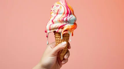 Foto auf Alu-Dibond Variety of ice cream scoops in waffle cone isolated on plain background. Summer refreshment swirl splash. Generative AI © Anna