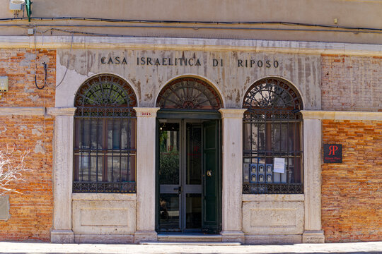 Old town of Italian City of Venice with entrance of Casa Israelitica di Riposo home for the elderly. Photo taken August zth, 2023, Venice, Italy.