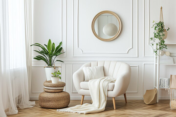 skandinavischer Stil, weiße Möbel, Textilien, modern, Spiegel, elegant und lakonisch, Sessel - obrazy, fototapety, plakaty