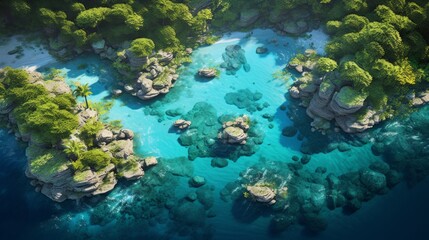 Fototapeta na wymiar Overhead shot revealing an exquisite island vista featuring palm-fringed coastlines, secret coves, and a vibrant underwater world thriving in the warm tropical waters. photorealistic Generative AI