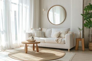 Einrichtung eines Wohnzimmers, skandinavischer Stil, weiße Möbel, Textilien, modern, Spiegel, elegant und lakonisch, Sofa, gemütlich
