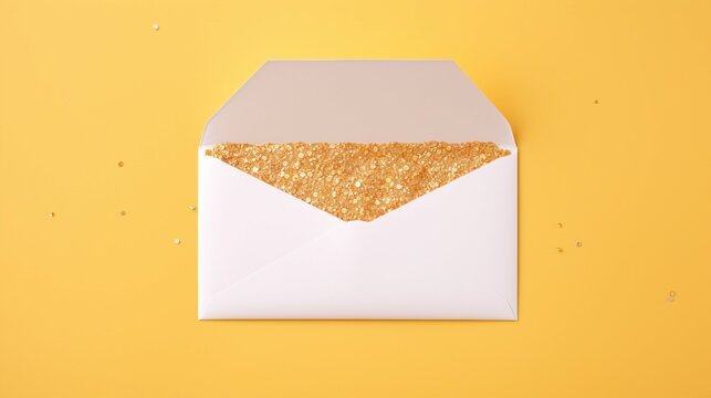 Captivating View of Female Hands in Yellow Pullover Holding Open Pastel Yellow Envelope with White Card over Golden Sequins on Isolated Pastel Orange Background - Perfect for Promotions and Copy-Space